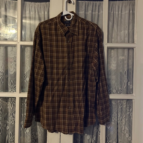 Men’s Arrow Long Sleeved Button Down Plaid Collared Shirt Brown Yellow Beige - Picture 1 of 4